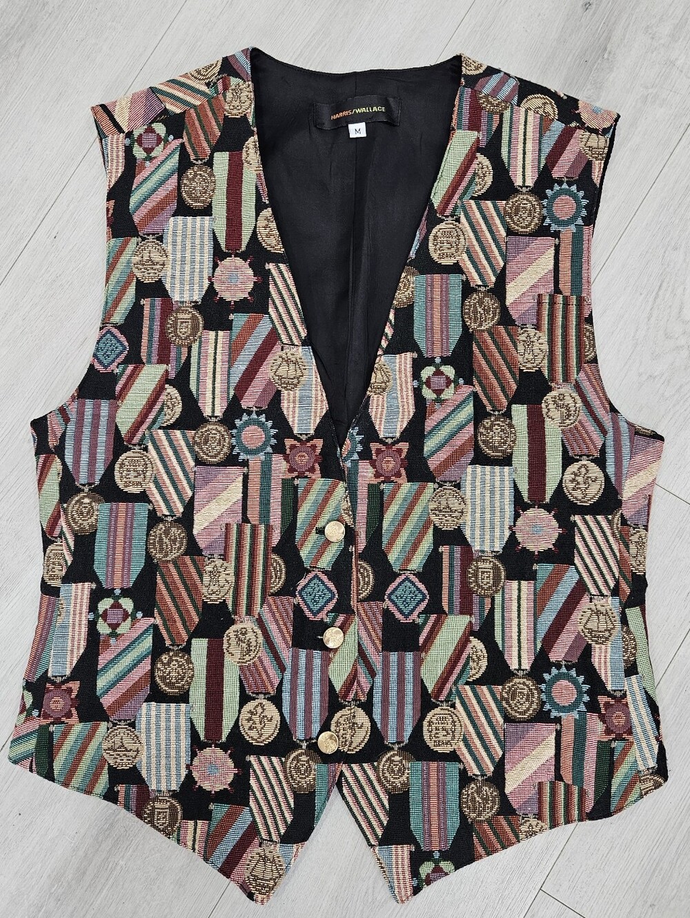 Vintage Harris Wallace Tapestry Vest Ribbon Medals Multi Artsy Retro Poet M USA